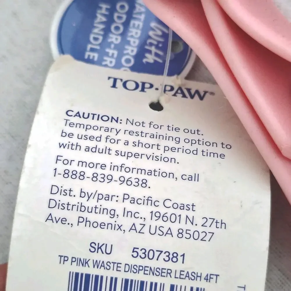 Top Paw Pink Waste bag Dispenser Leash 4 Ft. Silicone Waterproof NEW Dog Walking